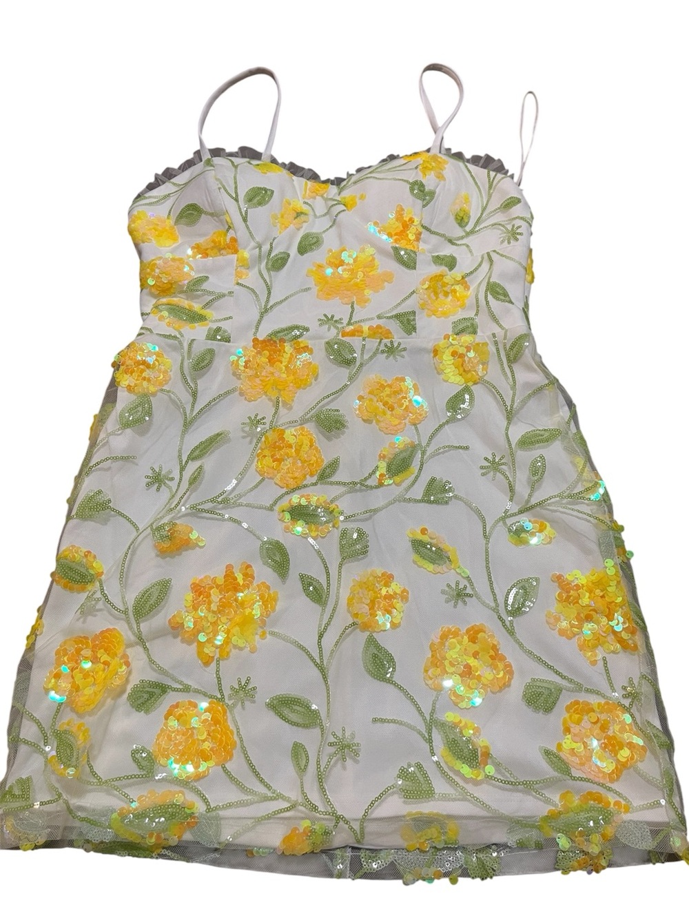 Morgan & Co. sequin floral blossom mesh mini dress with yellow flowers
